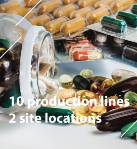 Image of pills with text saying 10 production lines 2 site locations